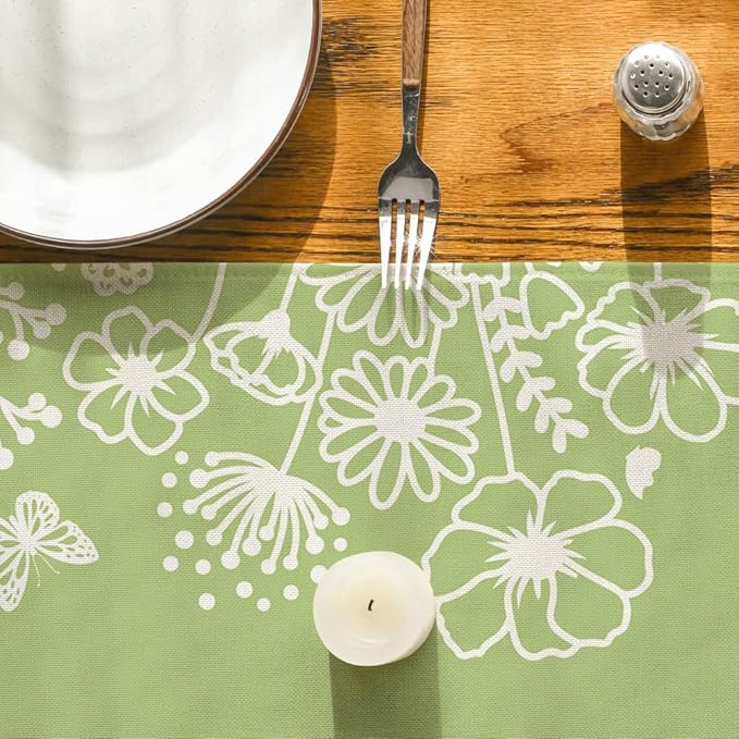 Artoid Mode Green Bloom Flowers Butterfly Spring Table Runner, Seasonal Holiday Kitchen Dining Table Decoration for Home Party Indoor 13x72 Inch