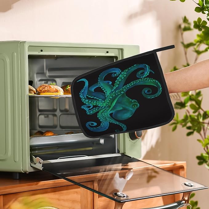Green Octopus Pot Holders Set of 2 Heat Resistant Potholders,Fire Oven Hot Pads for Kitchen Cooking Baking Barbecue