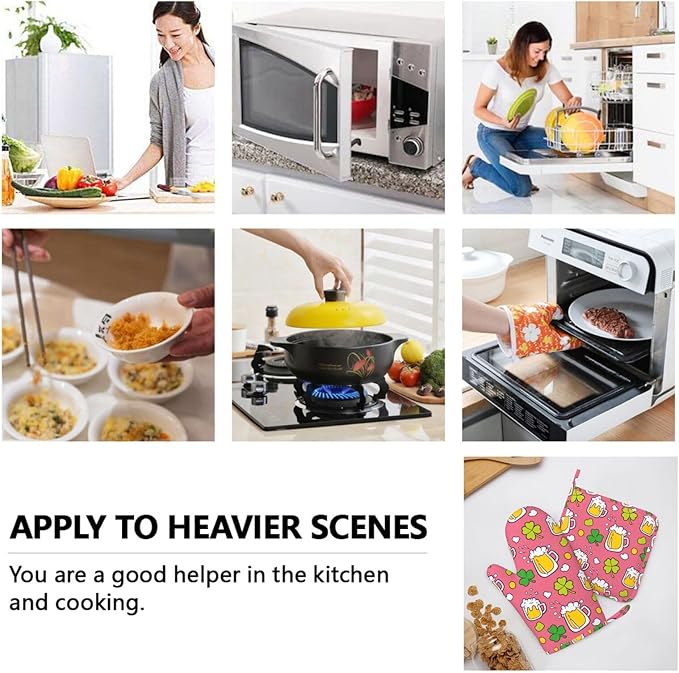Saint Patrick Celebration Beer Oven Mitts and Pot Holders Sets of 4, Heat Resistant Silicone Oven Mittens and Potholders Gloves Hot Pads for Kitchen Cooking Baking Grilling BBQ Chef