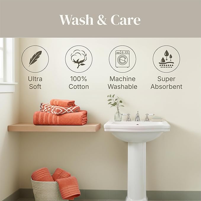 Modern Threads Classic Diamond 6-Piece 100% Cotton Towel Set – Yarn Dyed Jacquard – Includes 2 Bath Towels, 2 Hand Towels, 2 Washcloths – Absorbent, Quick Dry, Soft & Durable – Rust Orange