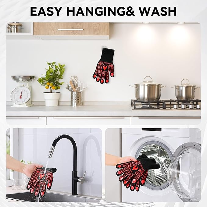 BBQ & Grill Gloves, Oven Gloves, 1472°F Silicone Oven Mitts Heat Resistant Grilling Gloves Fireproof Non-Slip for Barbecue Cooking Baking Smoking, 1-Pair Red(M)