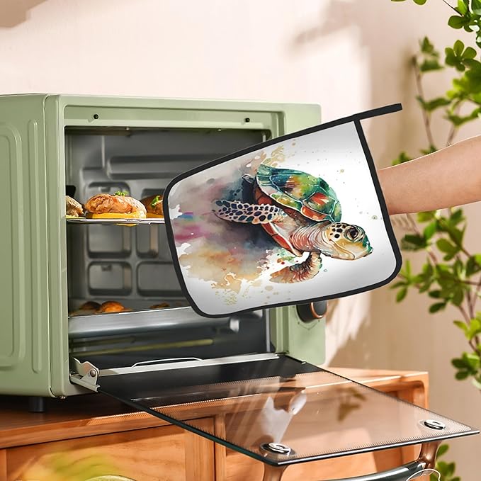 2PCS Turtle Watercolour Pot Holder with Loop,Heat Resistant Oven Pads,Hot Pat for Kitchen Cooking Baking Food