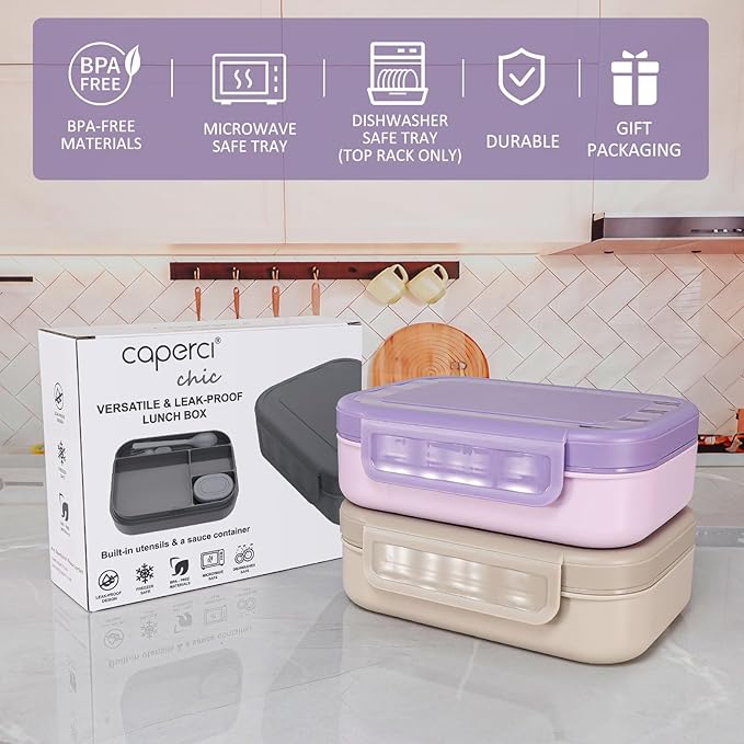 Caperci Stackable Bento Lunch Box for Adult & Teens - Reinforced Leak-Proof Lunch Container 4-Compartment with Utensils & Sauce Container, BPA-Free, Dishwasher/Microwave Safe, 47oz (Orchid Bloom)