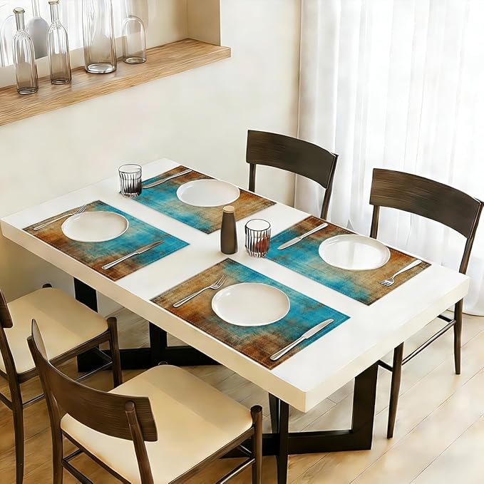 Farmhouse Placemats Set of 4, 12x18 Inch Blue and Orange Vintage Abstract Messy Rust Painting Table Mats for Outdoor Home Party Kitchen Dining Decoration, Washable Non-Slip Heat Resistant Place Mats