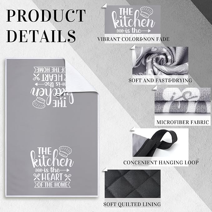 Sratte 6 Pcs Kitchen Decor Accessories Set Farmhouse Towels Pot Holders Oven Mitts Set 2 Dish Towels 2 Potholders 2 Cooking Mittens Oven Glove for Christmas Baking Cooking Supply(Gray,Kitchen)