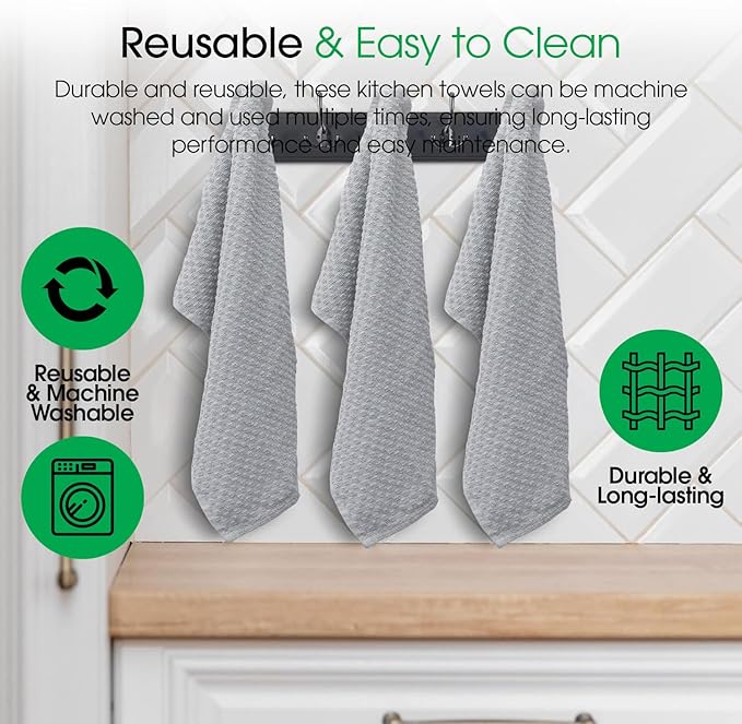 DG Collections Premium Dish Towels for Kitchen, 8 Pack, 15x25 Inch - 100% Cotton Kitchen Towels with Hanging Loop, Highly Absorbent, 400 GSM Bar Mop Cleaning Towels - Ash Grey