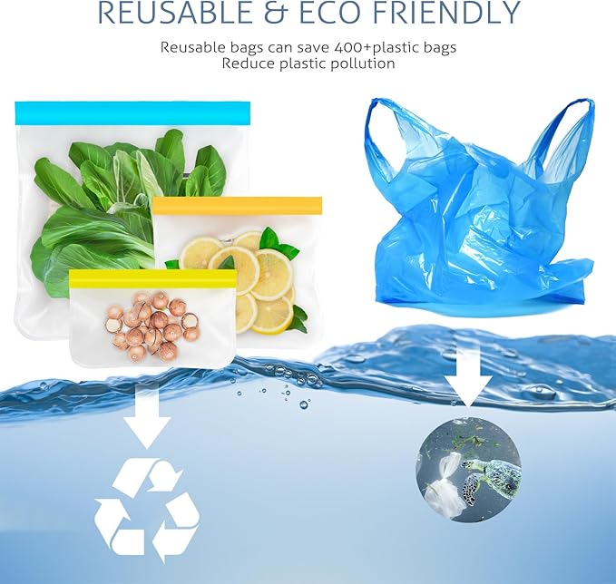 Reusable Gallon Freezer Bags, 10 Pack Dishwasher Safe Silicone Food Snack Storage Bags with 3 Sizes for Snack, Sandwich, Lunch
