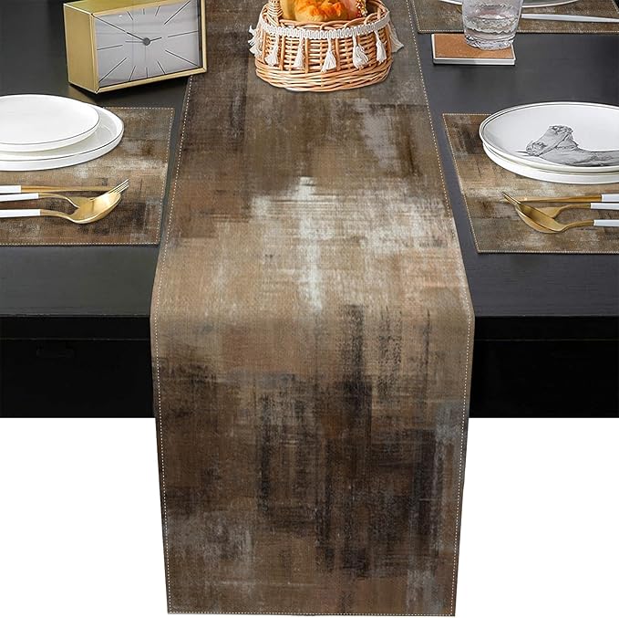 Emvency Vintage Brown Grey Table Runner and Placemats Set of 6, Modern Abstract Painting Art Dining Decor for Daily Use(1 Table Runner 72 inches Long and 6 Placemats)