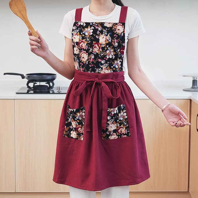 Pinknoke Vintage Pinafore Apron Dress for Women with Pockets Cute Floral Chef Aprons for Kitchen Cooking Baking Gardening