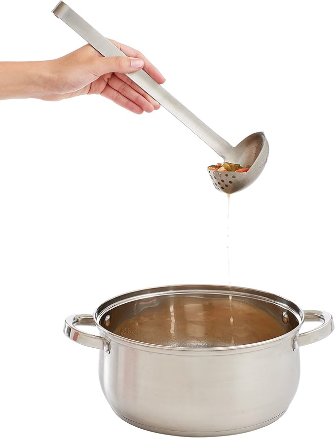 HIC Kitchen Oval Straining Ladle with Spout, 18/8 Stainless Steel, Stir, Scoop, Strain, Drain, and Serve, 3-Ounce Capacity