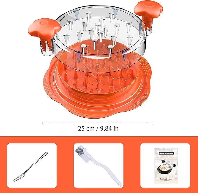 SURETIVIAN Chicken Shredder Large Chicken Breast Shredder Tool Twist with Brush&Fork, Visible Meat Shredder Machine, Anti-Slip Strip, Ergonomic Handle, BPA Free, Suitable for Pork Beef Chicken(Orange)