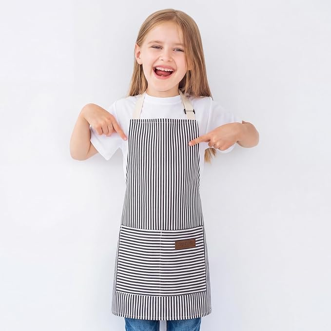 2 Pack Stripes Kids Apron, Kids Cooking Aprons with 2 Pockets, Cute Aprons for Cooking for Boys and Girls