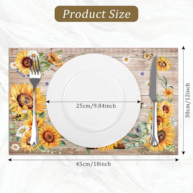 comfoyar Summer Sunflower Gnome Placemats Set of 4, 12x18 Inch Non-Slip Linen Daisy Floral Bee Place Mats, Washable Absorbent Table Mats for Kitchen Dining Party Table Decoration