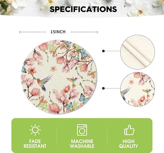 Artoid Mode Flowers Bird Butterfly Spring Round Placemats Set of 4, 14 Inch Summer Round Table Mats for Dining Decoration