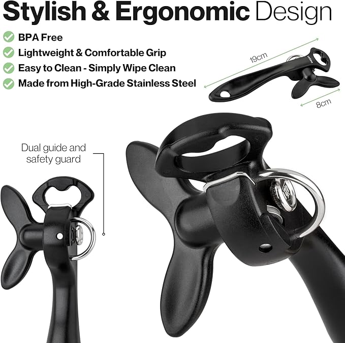 Lantana Smooth Edge Can Opener with Bottle Cap Lifter - Hand Held Manual Safety Tin Opener - Black/Stainless Steel