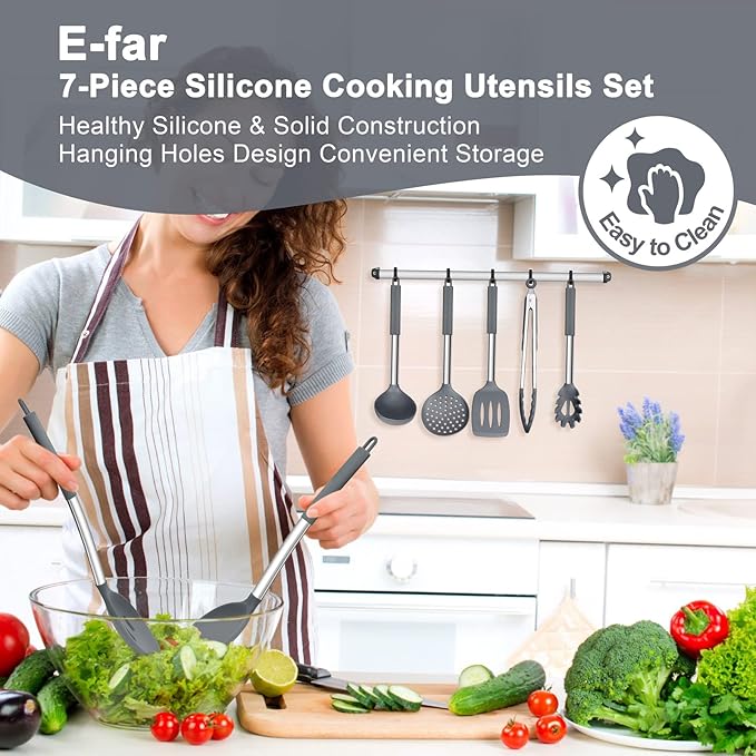 E-far Silicone Cooking Utensils Set, 7 Pcs Heat Resistant Kitchen Utensils with Stainless Steel Handle, Slotted Turner, Spoon, Soup Ladle, Pasta Server, Skimmer, Tongs for Nonstick Cookware, Gray