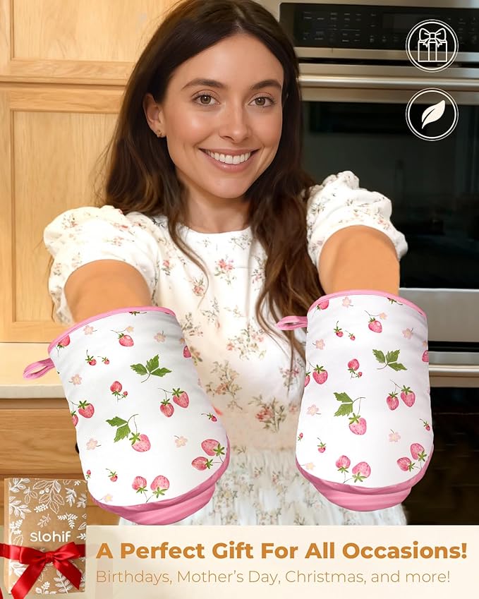 Slohif Cute Strawberry Mini Oven Mitts Set – Pink Extended Short Heat Resistant Kitchen Gloves for Women, 100% Cotton Oven Mitts with Silicone Grips, Non-Slip and Thick Durable for Cooking & Baking