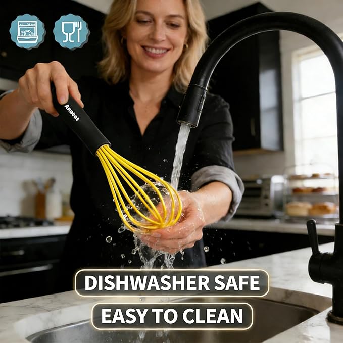 Anaeat Silicone Whisk, Thick Stainless Steel Wire Inner Heat Resistant - Kitchen Whisks for Non-Stick Cookware, Balloon Egg Beater for Whisking, Blending, Beating, Frothing & Stirring (Yellow)