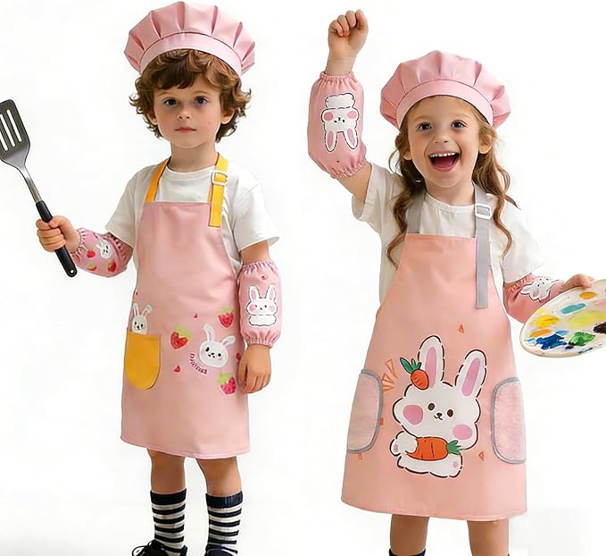 2-Piece Kids' Apron and Chef Hat Set, Adjustable with Pockets, for Children's Cooking, Baking, and Painting, Pink Floral Design for Boys and Girls Ages 3-6