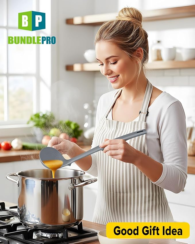 Silicone Pasta Fork and Soup Ladle Set, Heat Resistant Non Stick Kitchen Utensils with Back Hooks, Suitable for Cooking, Stirring, Serving Spaghetti, Soup, Sauce (GRAY)