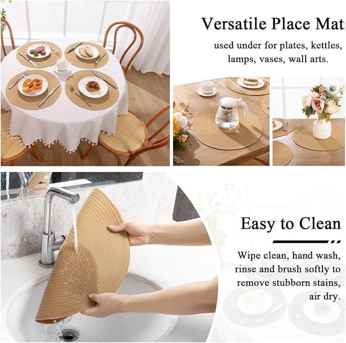 SHACOS 15 inch Round Braided Placemats Set of 4 Cotton Polyester Place Mats Washable Kitchen Dining Table Mats for Dinner Party Table Decor (Camel, 4)