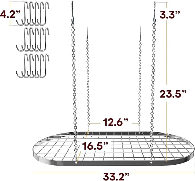 Vdomus Hanging Pot Rack - Ceiling Mount Kitchen Organizer for Pots and Pans with 15 Hooks - 33 x 17 Inches Heavy-Duty, Durable and Space-Saving Pan Holder - Silver