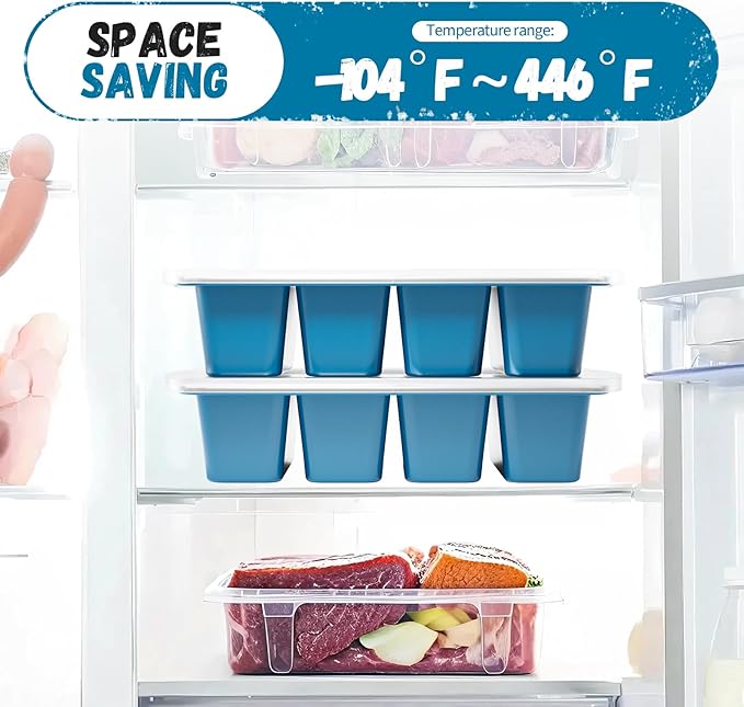 GORCI Silicone Freezer Tray With Lid, 8 Large 1 Cup Soup Freezer Molds, Soup Freezer Container for Meal Prepping, Large Ice Cube Tray, Perfect for Storing Leftovers, Sauces, Lasagna, 2-Pack