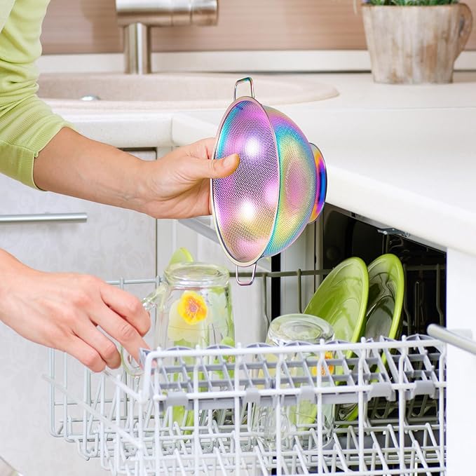 2PCS Rainbow Strainer for Kitchen, 3QT and 5QT, Stainless Steel Colander with Handle for Fruits Vegetables Cooking Food, Dishwasher Safe