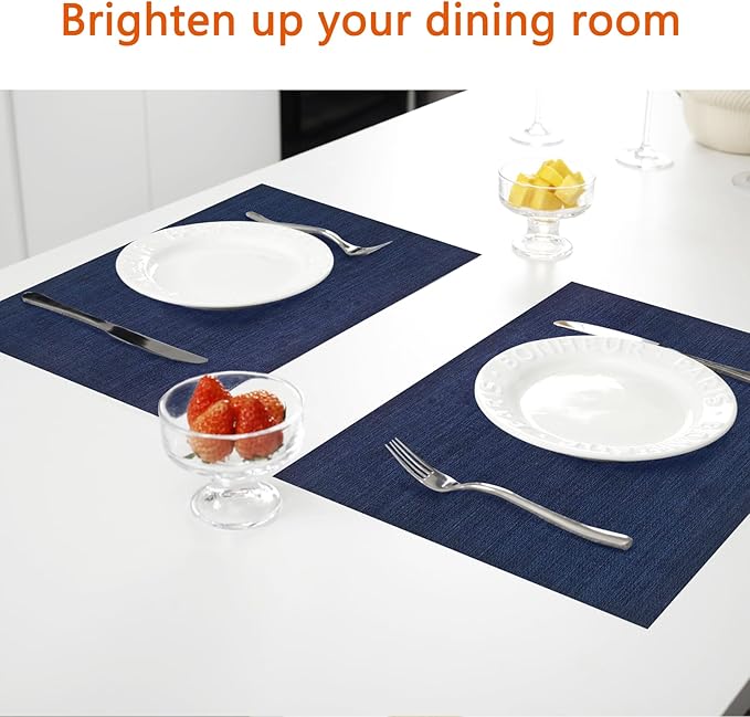 Placemats Set of 8 Washable&Wipeable Place mats for Dining Table Kitchen Indoor Outdoor Table Mats Heat Resistant Non Slip Woven Vinyl Table Placemats (Navy Blue,8PCS)