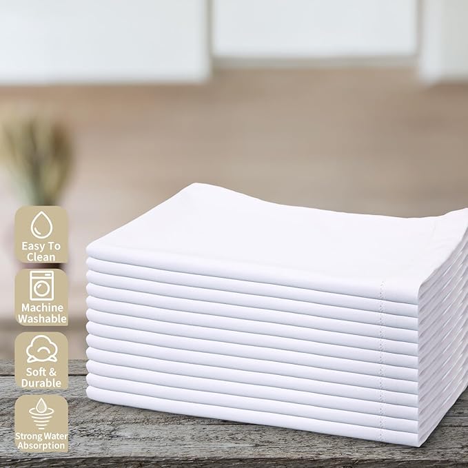 Mixweer 12 Pcs 14" x 22" White Linen Hemstitched Hand Towel Linen Tea Towels for Embroidery Dish Towels for Bathroom Kitchen Home