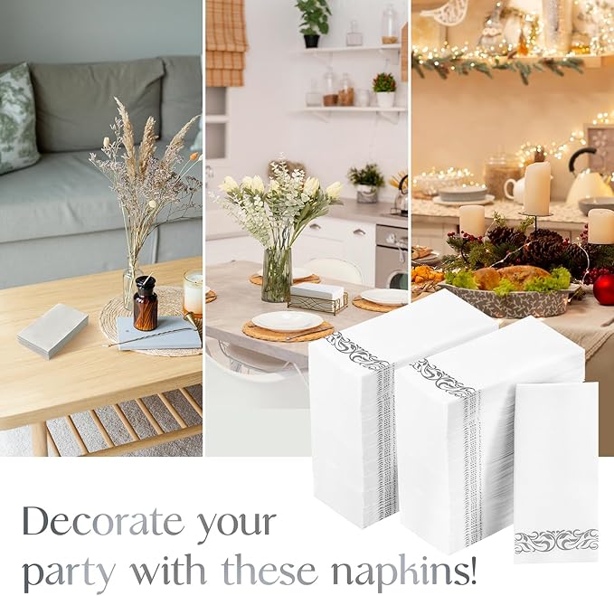 Vplus 200 Pack Paper Napkins Guest Towels Disposable Premium Quality 3-ply Dinner Napkins Disposable Soft, Absorbent, Perfect for Kitchen, Wedding, Parties, Dinners or Events(Silver)