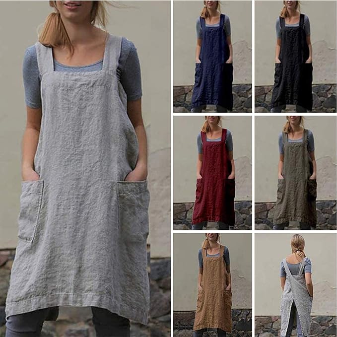 VLZUFE Cotton Linen Apron for women Cross Back Apron Pinafore Dress for Baking Cooking Gardening Work