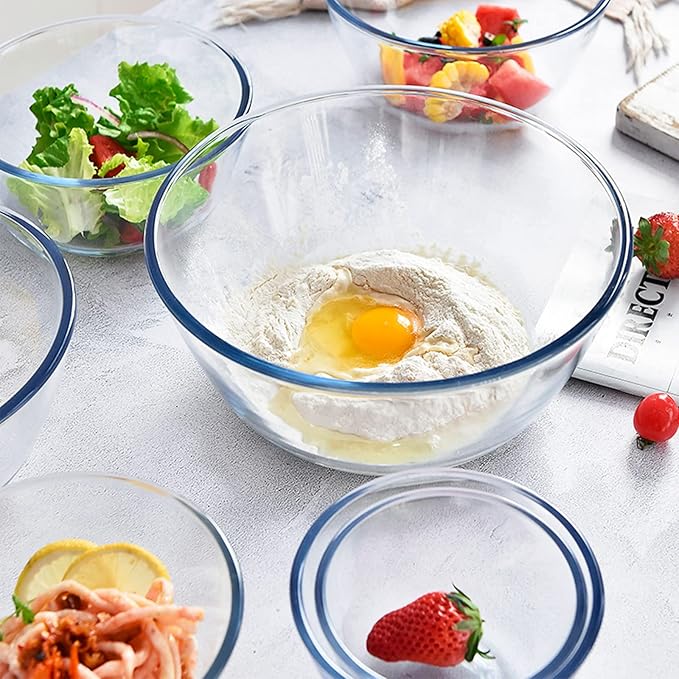 KOMUEE 4 Pack Glass Mixing Bowls Set with Lids (4.8QT, 2.9QT, 1.7QT, 0.8QT), Glass Nesting Bowls for Kitchen Baking, Cooking and Serving, Oven, Dishwasher, Freezer, and Microwave Safe