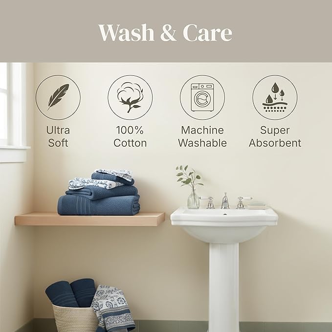 Modern Threads Floral Trail 6-Piece 100% Cotton Towel Set – Reversible Yarn Dyed Jacquard - Includes 2 Bath Towels, 2 Hand Towels, 2 Washcloths – Absorbent, Quick Dry, Soft & Durable – Navy