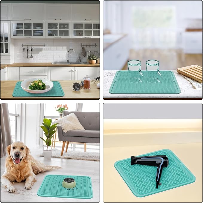 ZLR Silicone Dish Drying Mat 12" x 12" Square - Small Heat Resistant Trivet & Countertop Protector for Air Fryer, Coffee Maker - Waterproof Kitchen Drain Pad for Cups, Fruit (Mint Green)