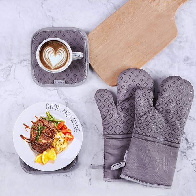 Set of 4 Oven Mitts and Pot Holders, 482 F Heat Resistant Hot Plate Moving Non-Slip Gloves for BBQ, Grill, Baking, Cooking, Oven, Microwave (Gray)