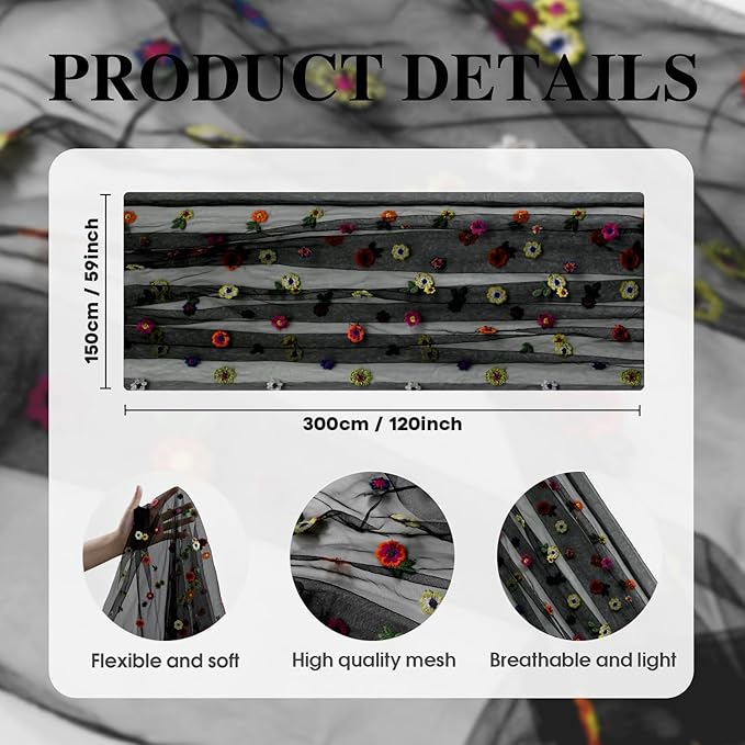 Artoid Mode Black Embroidery Daisy Spring Gauze Table Runner 59x120 Inch 10FT, Seasonal Sheer Kitchen Dining Holiday Wedding Birthday Table Decor for Home Party