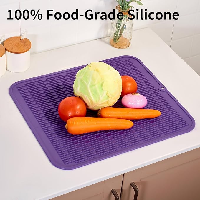 ZLR Large Silicone Dish Drying Mat (16" x 18") - XL Heavy Duty Drainboard Mat for Pots, Pans & Family Loads - Heat Resistant Trivet & Counter Protector, Easy Clean (Meadow Violet)
