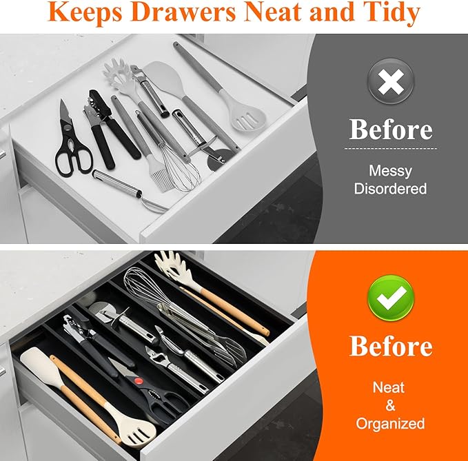 Expandable Large Kitchen Utensil Drawer Organizer Storage Black Bamboo Silverware Organizers Tray Divider Adjustable Spoon Flatware Organizer Wood Cutlery Tray Cooking Utensils Tool Holder Drawer