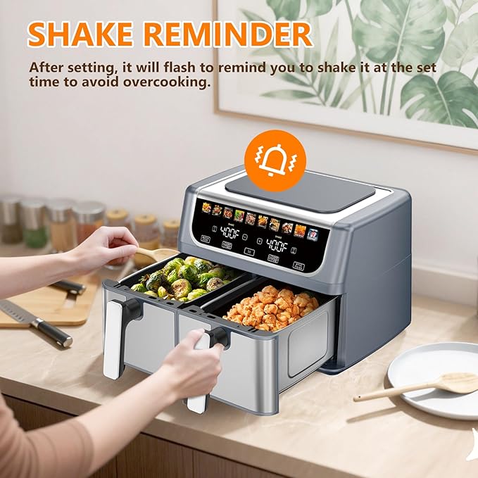 OLIXIS Dual Basket Air Fryer, 9.5 Quart Large Air Fryer with Double Basket, Independent TEMP Control, Sync Setting, Shake Reminder, 10 Presets for Bake, Broil, Defrost, Dehydrate, Grey