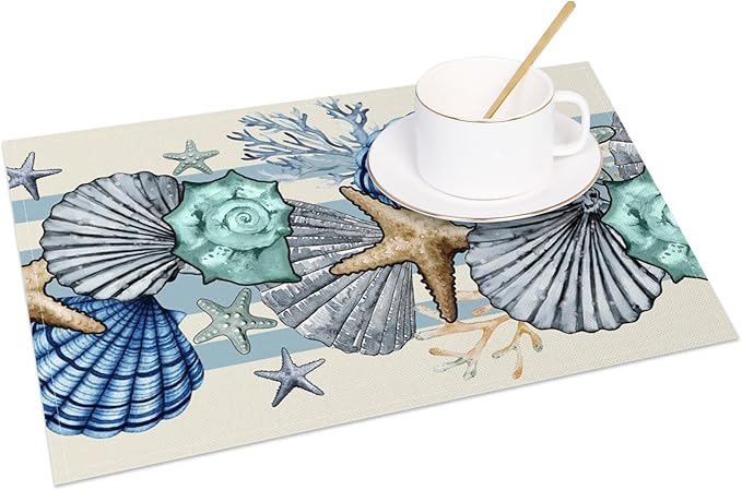 Sea Shell Starfish Beach Placemats Set of 4, 12x18 Inch Seasonal Spring Ocean Coastal Washable Linen Nautical Table Mats for Party Kitchen Dining Decoration
