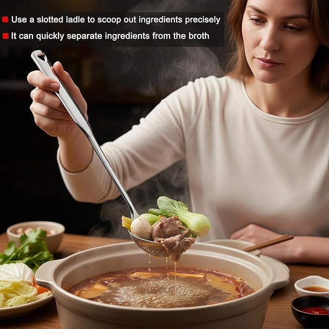 Soup Ladle 18/10 Stainless Steel and Slotted Spoons with Holes 2 Pack Set,316 Metal Heavy Duty Deep Spoon Gravy Punch Ladles for Serving Soup,Gravy,Draining,Kitchen Cooking,Hot Pot(11.8inchs)