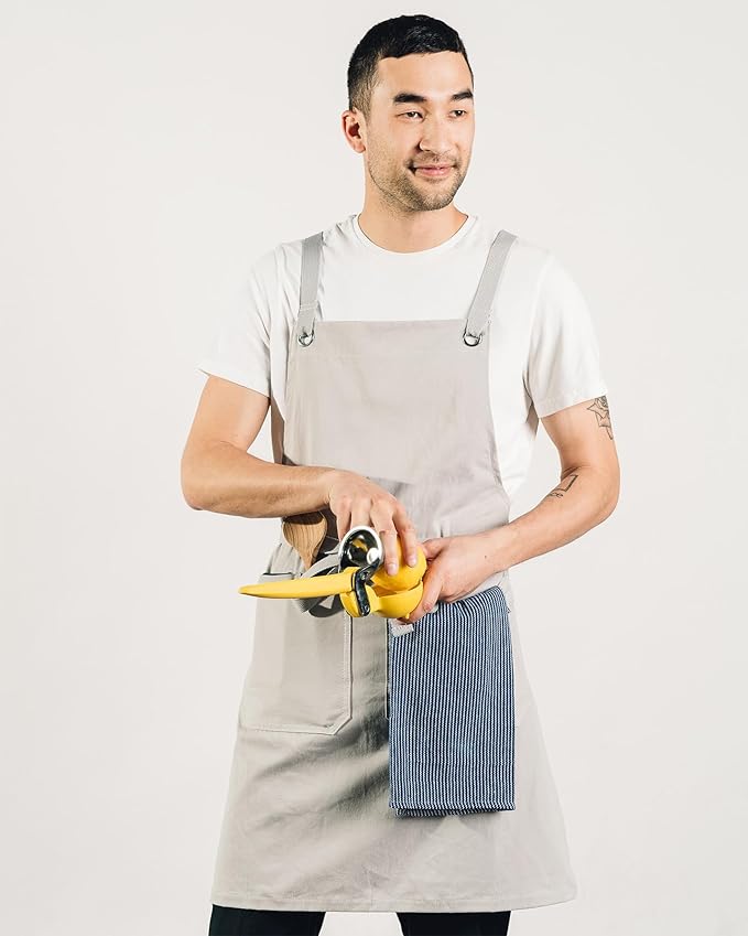 Caldo Crossback Kitchen Apron for Cooking- Mens and Womens Professional Chef or Server Bib Apron - Adjustable Crossback Style - Rustic- Midweight Cotton (Grey)