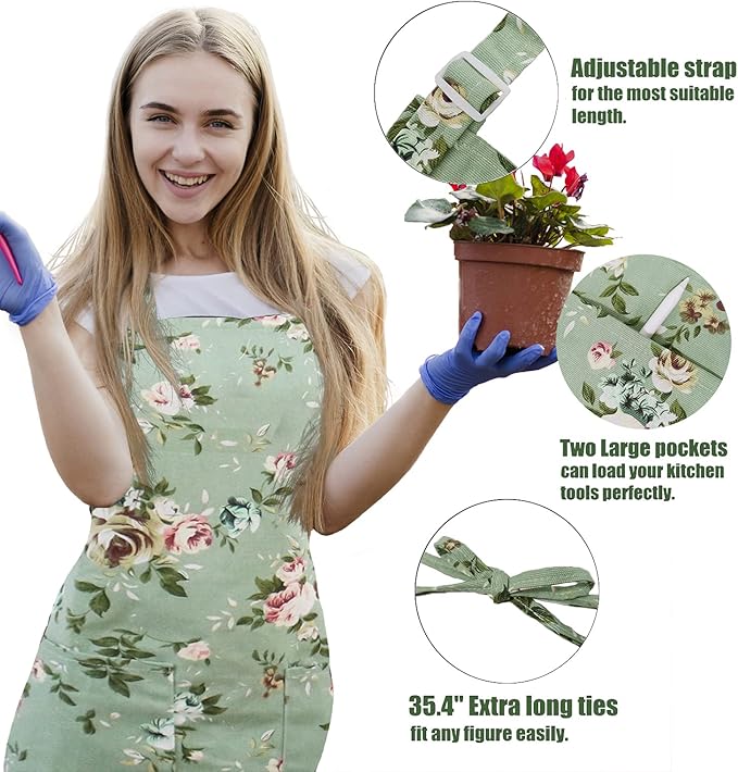 Kitchen Aprons for Women, 2 Pack Floral Aprons with 2 Pockets, Vintage Chef Bakers Apron for Cooking Baking Gardening, Birthday Mothers Day Apron Gifts for Mom Wife Sister Daughter Grandma