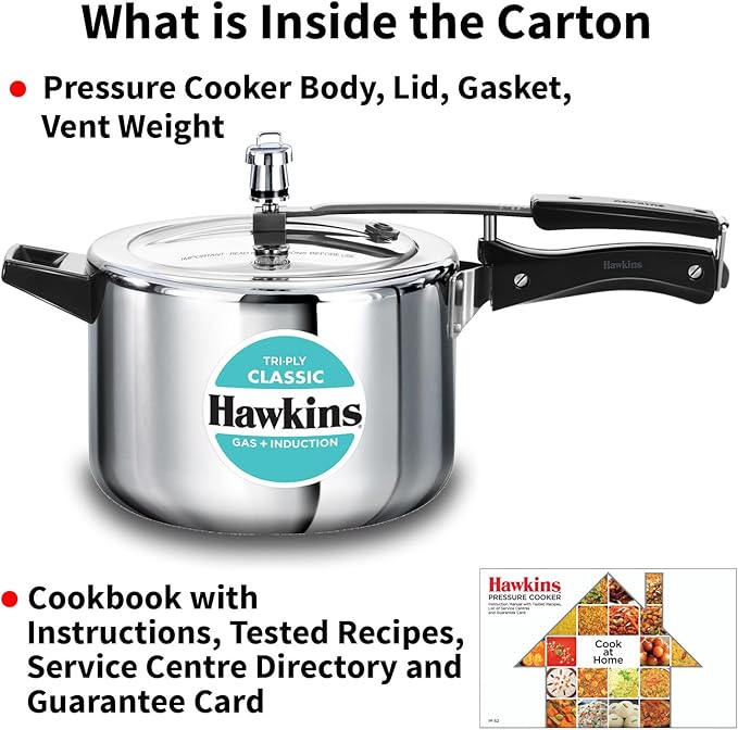 Hawkins Classic 5 Litre Tri-Ply Pressure Cooker, Triply Stainless Steel Inner Lid Cooker, Silver (SSTCL50)
