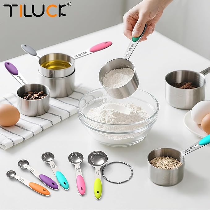 TILUCK Measuring Cups and Spoons Set, Stainless Steel, Kitchen Utensils for Cooking and Baking (12)