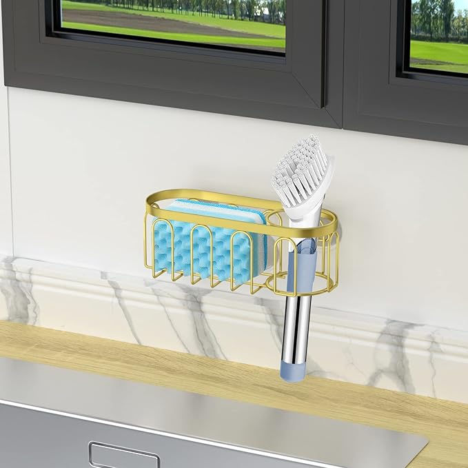 Yazoni 2-in-1 Sponge Holder for Kitchen Sink, Sink Caddy Kitchen Sink Organizer with 3 Suction Cups, No Drill Rustproof Sink Sponge Holder for Dish Brush, Soap & Sponge (Gold)