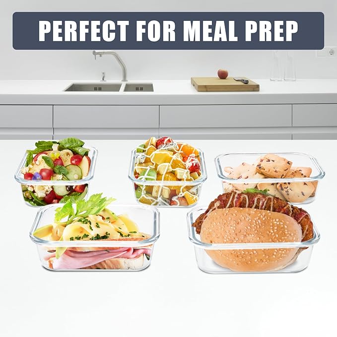 6Pack 22oz Glass Meal Prep Containers, Glass Food Storage Containers Sets with Snap Leak Proof Lids for Microwave, Oven, Freezer and Dishwasher Safe (Grey, 22oz)