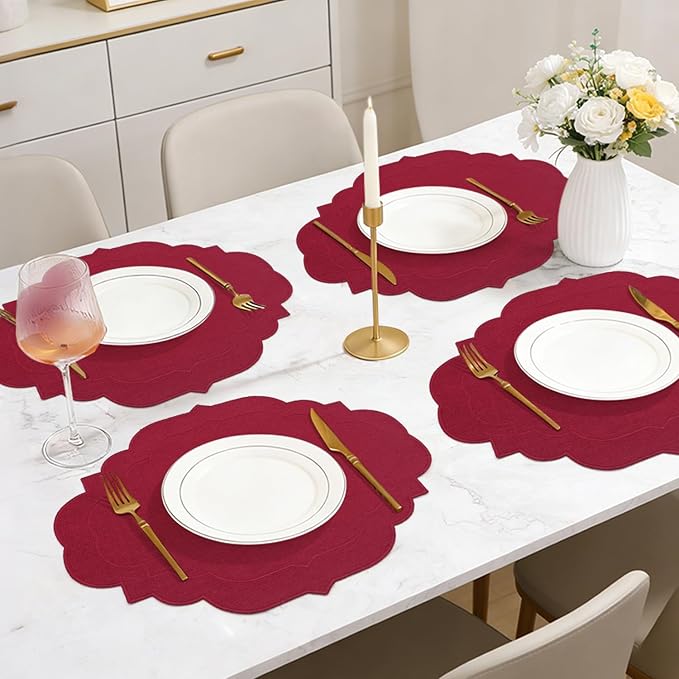 Cotton Linen Oval Placemats Set of 4, HADEEONG Table Mats Cloth Placemats, Washable Wrinkle Resistance, Scalloped & Embroidered Fabric Placemats, 17.71 x 13.77inch (Wine Red, 4)