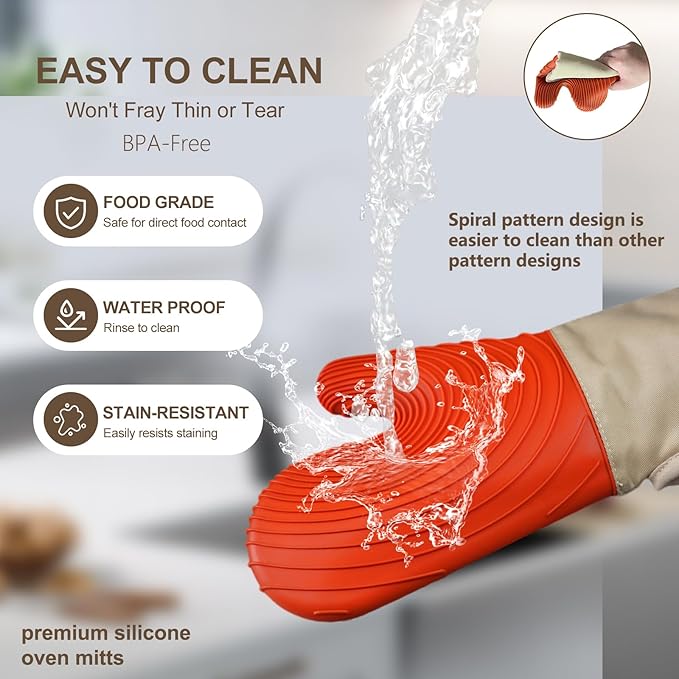 Silicone Oven Mitts-13.6 in Extended Oven Mitts Heat Resistant 500F, Oven Gloves with Soft Liner Good Grippy BPA-Free Easy to Clean Flexible-Oven Mits Set for Cooking Baking Grilling BBQ